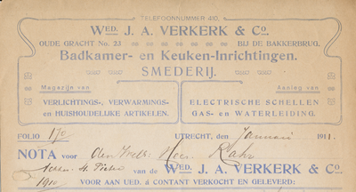 712167 Kop van een nota van de Wed. J.A. Verkerk & Co, Oudegracht [W.z.] 23 te Utrecht, Badkamer- en ...